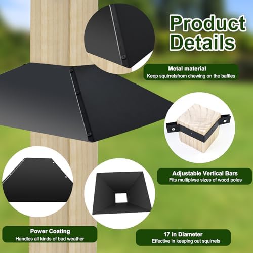 Metal Squirrel Baffle for 4x4 Post, 17 Inch Squirrel Guard for Bird Feeder Pole,Square Black Squirrels Proof Deflector Outdoor Baffle Squirrels Barrier for Wooden Pole to Keep Raccoons Off Bird Houses