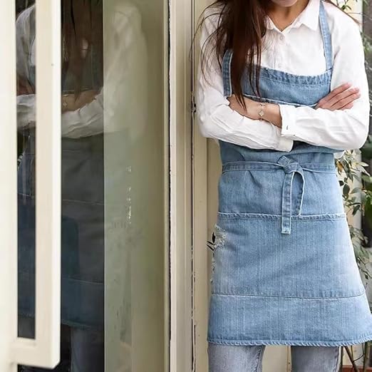 Denim Apron with Big Pockets Adjustable Cooking Apron Jean for Hair Stylist Gardening Craftsmen Barista Hairdresser