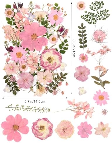 80pcs Pink Pressed Flowers Bulk, Romantic Dried Flower Leaves, Natural Pressed Dried Flowers with Tweezer for DIY Crafts Resin Mold Candles Cake Bridal Scrapbooking Supplies