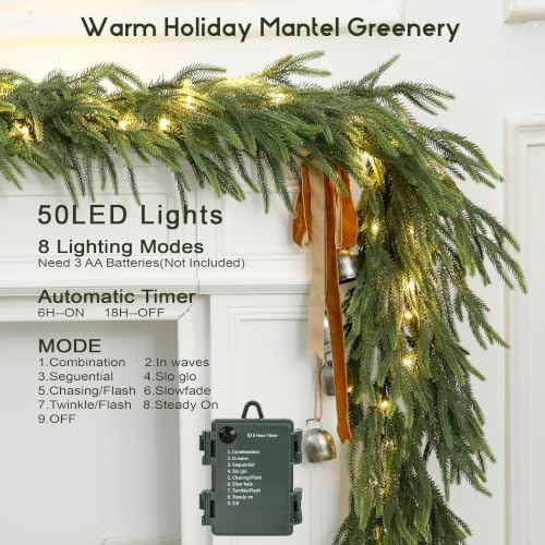 6FT Soft Touch Artificial Norfolk Pine Christmas Garland with Timer Lights