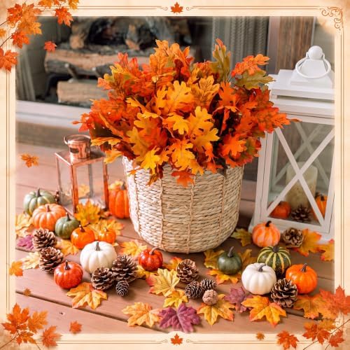 Tigeen 8Pcs Fall Leaves Faux Maple Leaves Stems Thanksgiving Decor, Retro