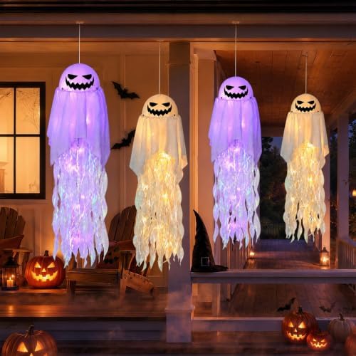 4 Pack Halloween Hanging Ghosts, 28 Inch Light Up Decor, 4 DIY Face Styles