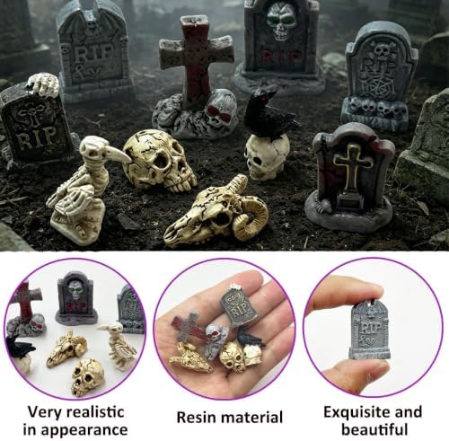 Suartus 30Pcs Halloween Miniatures Figurines, Mini Resin Tombstones Tiny Crow Animals Skull Head Figure Ornaments Halloween Garden Accessories for DIY Crafts Outdoor Home Village Graveyard Scene