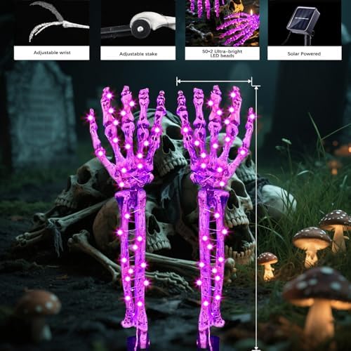 Solar Skeleton Hand Lights 2 Pack, 100LED Purple Halloween Stakes