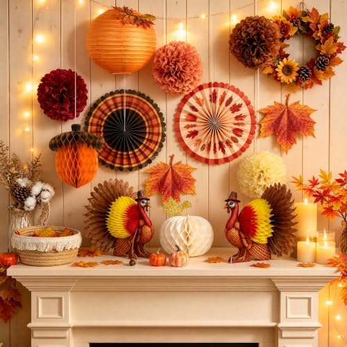 SUNBEAUTY Fall Thanksgiving Decoration Honeycomb Turkey Pumpkin Table Decor Paper Pom Poms Pumpkin Lantern Maple Leaf Garland for Fall Friendsgiving Thanksgiving Autumn Harvest Party Supplies