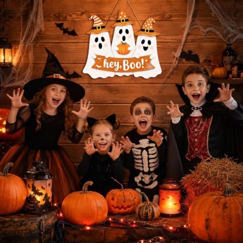 Halloween Ghost Door Sign, Wooden Hey Boo Hanging Wreath Pumpkin Door Decor