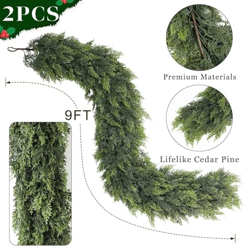 9FT 2Pcs Lifelike Touch Artificial Christmas Cedar Garland for Mantle Decor