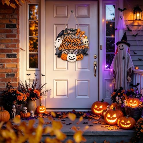 Halloween Wreath for Front Door Wooden Ghost Pumpkin Door Sign Wall Decor