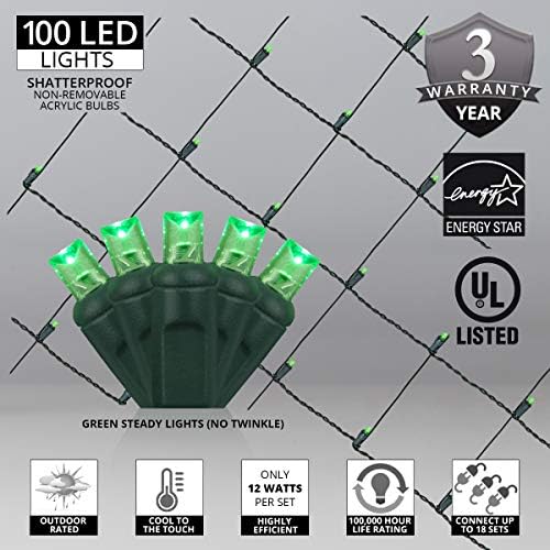 Wintergreen Lighting 100 5mm Green LED Christmas Net Lights, 4 x 6 ft Green Wire Outdoor Holiday Hedge & Bush Lights for Christmas Displays, Commercial Grade