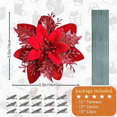 15PCS Artificial Christmas Poinsettia Flowers with Clips and Stems, 5.5 Inch Glitter Red Xmas Tree Decorations, Holiday Poinsettia Picks Ornaments for Christmas Tree, Wreaths, Garlands & Home