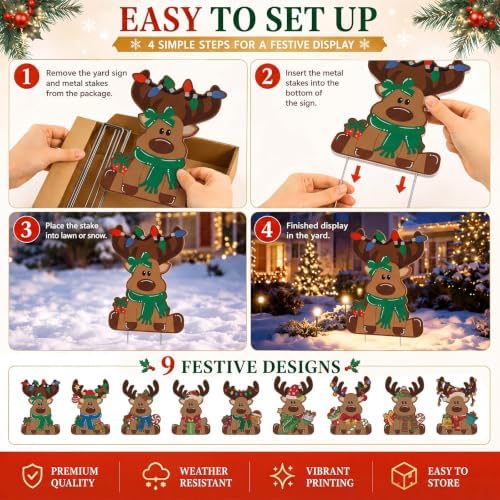 Weysat 9 Pcs Reindeer Christmas Yard Signs with Stakes, Elk Decoration