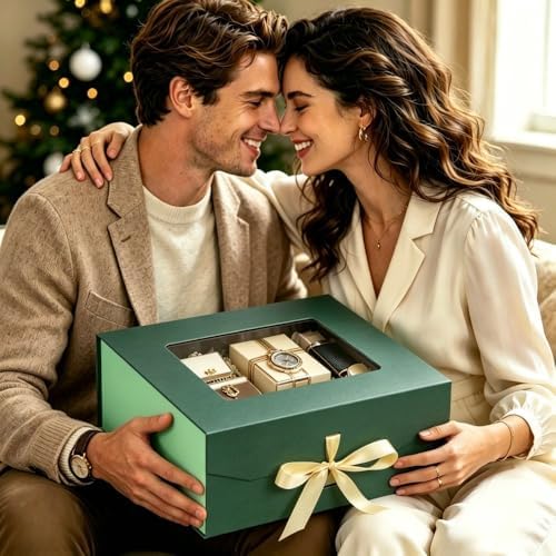 5 Pcs Green Gift Box for Presents with Ribbon 13.2x11x5.3 Inches Clear Gift Box with Window Magnetic Closure Gift Boxes with Lids