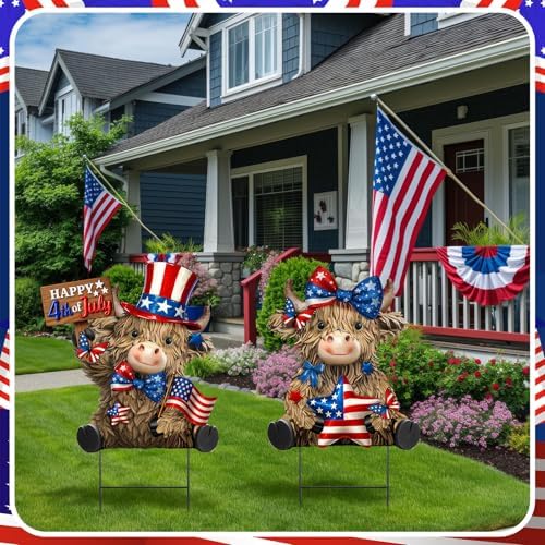 Amyhill 2 Pcs 4th of July Metal Outdoor Decor Garden Stakes Patriotic Highland Cow Welcome Yard Signs Decorations Red White Blue Garden Stakes for Independence Memorial Day Patio Lawn Walkway Outside