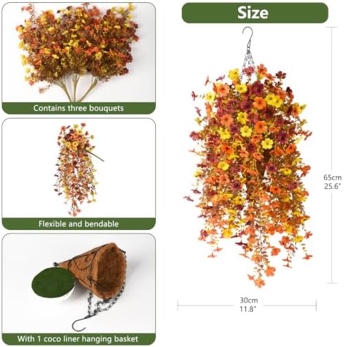 Fake Mums Fall Artificial Flowers Hanging Basket for Outdoor Decoration