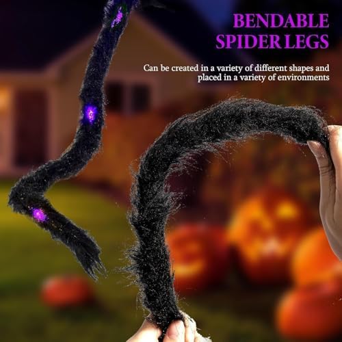 Giant 6.7 FT(Wide) Light-Up Halloween Spider with 9'' Metal Stand, 28 Eerie Purple LED Lights & 8 Modes, Large Spooky Spider Outdoor Decorations for Yard, Lawn, Porch, Haunted House Theme Party