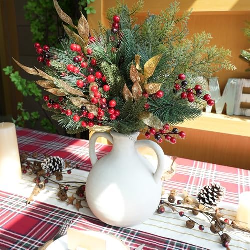 Winlyn 70 Pcs Assorted Christmas Greenery Stems Artificial Pine Branches Evergreen Cedar Picks Red Berry Stems Pine Needles Glitter Leaf Sprays 5.9"-12.7" for Holiday Trees Floral Arrangements Wreaths