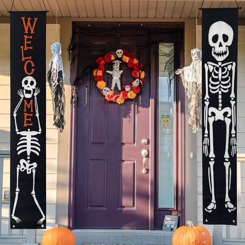 Halloween Porch Banners Skull Skeleton Welcome Front Door Decorations