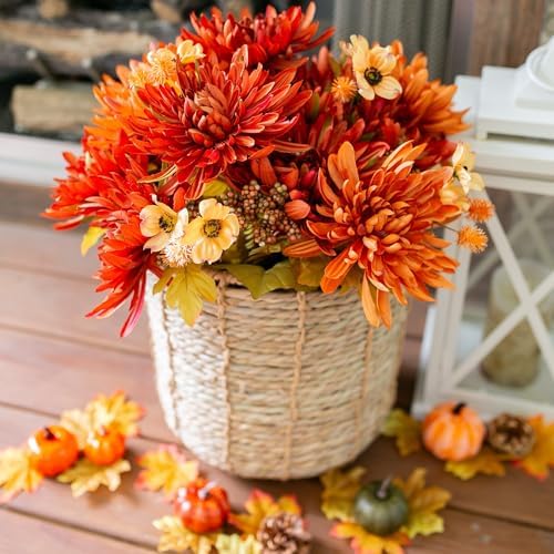 Ivydale Artificial Mums for Outdoors Fall Fake Flowers for Planters, 2 Bundles Faux Silk Chrysanthemum Bouquets, 24 Heads Flower with Long Stems for Wedding Party Home Decor