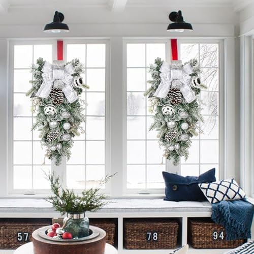 30" Christmas Teardrop Swag for Front Door Artificial Winter Swag Garland with Pine Cones, Berry Clusters, White Ball Ornaments and Ribbons for Thanksgiving Holiday Christmas Decoration