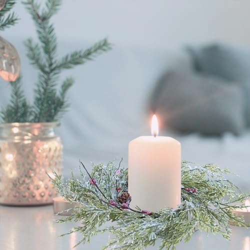 Winlyn 4 Pcs Artificial Frosted Cedar Pine Candle Rings Christmas Candle Holder Rings Wreaths Pine Cones Red Pip Berries Mini Window Mirror Wreaths 14.6" Wide for Winter Holiday Table Farmhouse Décor