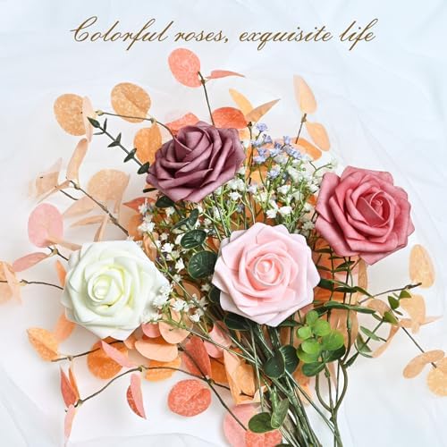 BLEUM CADE 36Pcs Artificial Flowers Fake Foam Roses with Stems for Wedding
