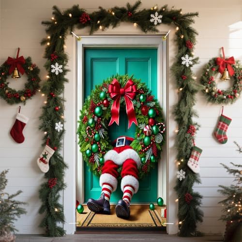 Funny Stuck Santa Legs Christmas Pine Ring Door Cover 35x71in