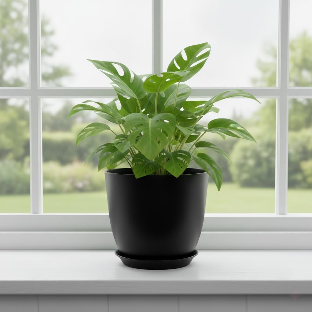 Vanslogreen Plant Pots 8 Inch Set of 6, Flower Pots with Drainage Holes and Saucer, Plastic Garden Planters for Indoor