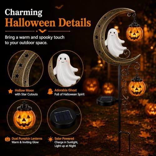 CRILEAL Solar Halloween Ghost & Pumpkin Moon Garden Stake Light