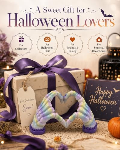 Halloween Decor Handmade 6.7'' Resin Heart Figurine (Pastel Skeleton Hand)