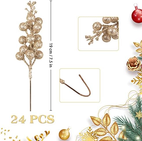 24 Pack Glitter Champagne Gold Berry Stems,7.5 Inch Christmas Sparking Red Faux Winter Berry Sprigs,Artificial Red Berries Branches for Christmas Tree Garland Wreath Crafts Season Winter Home Decor