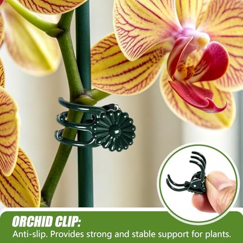 20Pcs 16" Green Plant Stakes with 20 Adjustable Reusable Clips, Bendable Tall Sticks, Support Heavy Orchid Rose Peony Single Stem Flowers for Indoor Outdoor Potted Plants