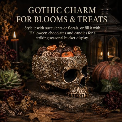 Halloween Skull Trick Or Treat Bowl Black Skeleton Planter Gothic Candy Pot