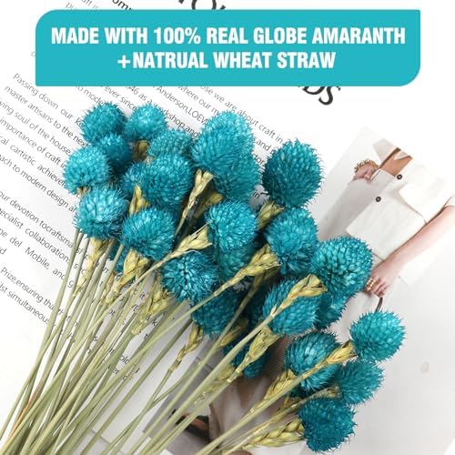 MIHUAGE Dried Flower Tiffany Blue Globe Amaranth with Wheat Straw Natural - 40PCS Bouquet for Vase Home Decor Party DIY Arrangement