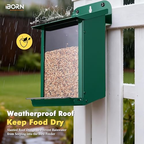 iBorn Bird Feeder for Outdoors, Wall Mounted Bird Feeder Weatherproof Metal Roof, Heavy Duty Metal Birdfeeder for Tree, Fence, Wall Screwed-in Mounting, All Detachable Easy Clean,1.3Lbs, Green