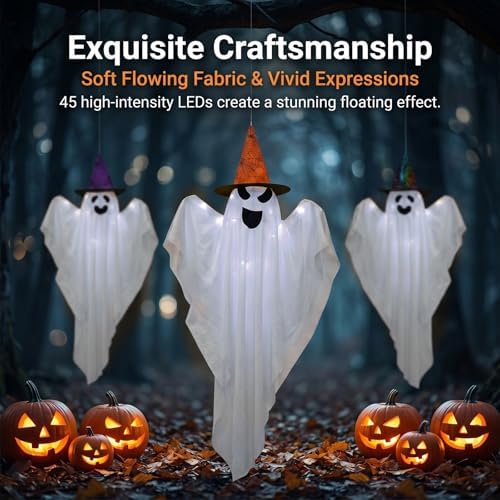 3 Packs Halloween Decorations Outdoor - BCLGSHINE Lighted Hanging Ghost Decorations with Hats & 45 LEDs, 36 Inch Halloween-Ghost Lights for Porches, Party, Yards, Gardens, Lawn