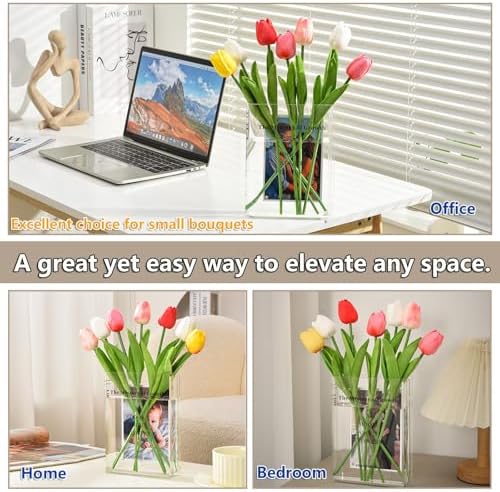 Clear Photo Vase for Flowers, Picture Frame Flower Vase with 6x4 Photo Insert - Acrylic Book-Shaped Vase for Home, Office Desk, and Living Room Decor