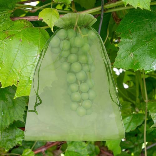 100 Pcs Fruit Protection Bags, 8 x 12 Inch Green Netting Cover Bags with Drawstring, Pest Barrier for Trees, Garden Cover Mesh Bags for Plant Fruit, Flower and Vegetables
