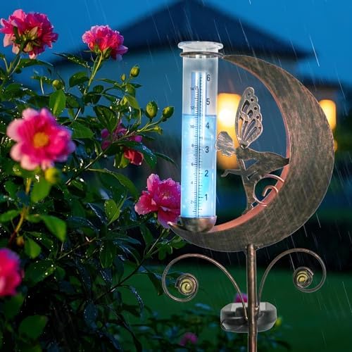 Solar Rain Gauge Outdoor, Moon Fairy Rain Gauges for Yard Patio Lawn Garden