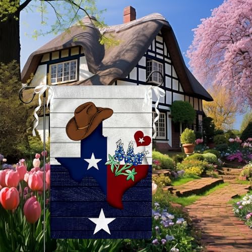 Texas Bluebonnet Garden Flag 12 x 18 Inch Texas Cowboy Hat Yard Flags Western Flags Double Sided Banners for Outdoor Yard Decor Souvenirs Gifts