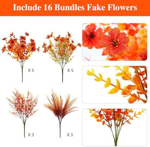 16PCS Artifcial Fall Flowers, Silk Flowers with Eucalyptus & Ferns