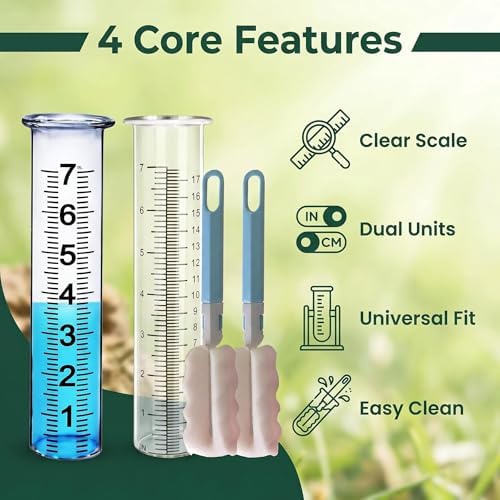 Rain Gauge Replacement Tubes (2-Pack), Larger Font for Clear, Easy Reading, Transparent Material for Durability, 7-inch Capacity with Dual-Scale Measurement for Accuracy, Includes 2 Cleaning Brushes