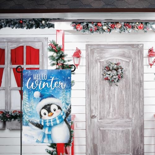 Hello Winter Penguins Garden Flags for Outside 12x18 Inch Snow Scenery Welcome Small Yard Flag Double Sided Snowflakes Flags for Outdoor Decorations