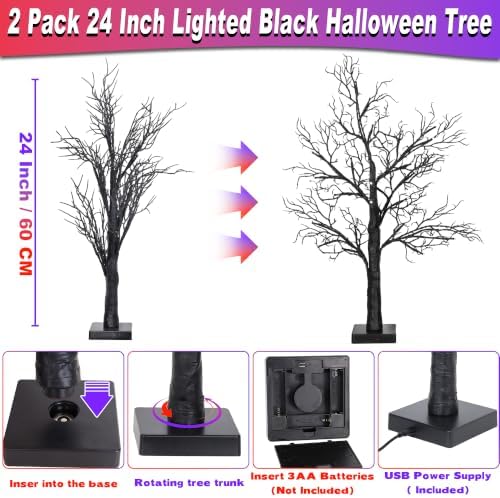 [Timer] 2 Pack Halloween Decorations Indoor, 24 Inch Lighted Black Halloween Tree with 24 Orange & Purple Lights, USB or Battery Powered Spooky Tabletop Tree for Home, Party, Fireplace & Holiday Decor