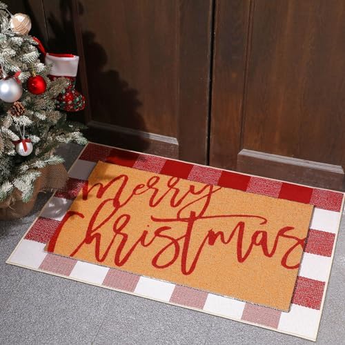 Tinideya 2 Pcs Christmas Layered Doormat Set for Front Porch Decor