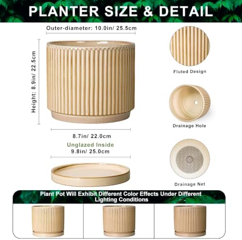 Ceramic Pots for Plants, 10 Inch Planters, Round Plant Pot, Beige
