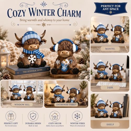 Karenhi 2 Pcs Highland Cow Figurines Resin Winter Decor for Tabletop