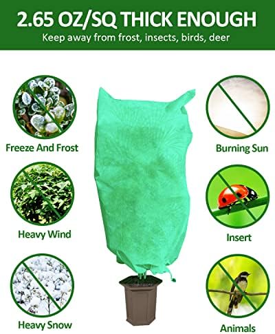 EAONE 12 Pack Plant Covers Freeze Protection, 24x32'' Winter Frosts Cloth for Outdoor Plants, Reusable Frost Blankets Drawstring Bags for Cold Freeze Sun Protection Bird Insect Prevention,Green