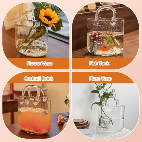 Glass Purse Vase with Handle – 10 Inch Handmade Clear Glass Handbag Vase, Multifunctional Centerpiece for Flowers, Fish Tank, or Home Decor, Table, Bedroom, Kitchen, and Events