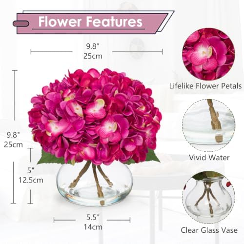 Hollyone Hydrangea Artificial Flowers with Glass Vase Fuchsia Silk Faux Flowers Arrangements in Vase with Faux Water Fake Floral Bulk Bouquet for Home Decor Table Centerpiece Decorations
