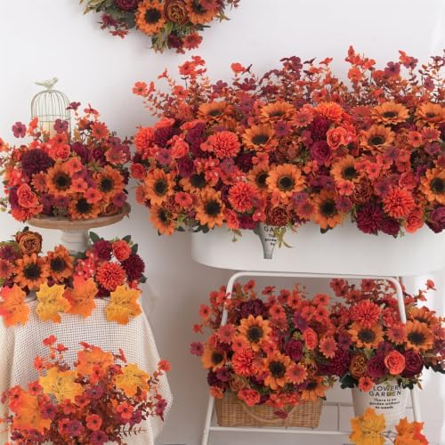 Mixed 5 Pcs Fall Artificial Sunflower Peony Bouquet, Burnt Orange Burgundy Silk Faux Flower, Autumn Faux Floral Arrangements for Wedding Table Centerpiece DIY Thanksgiving Farmhouse Outdoor Decor